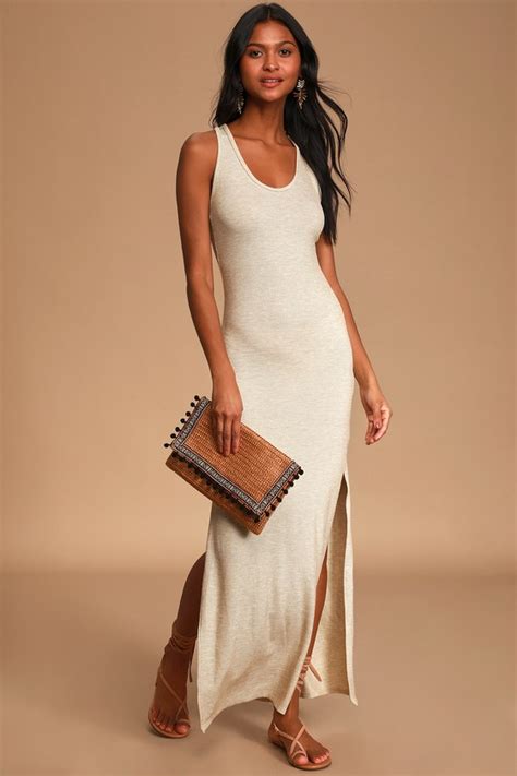 Long Dress with Ruffles Beige Linen Ribbed Knit 